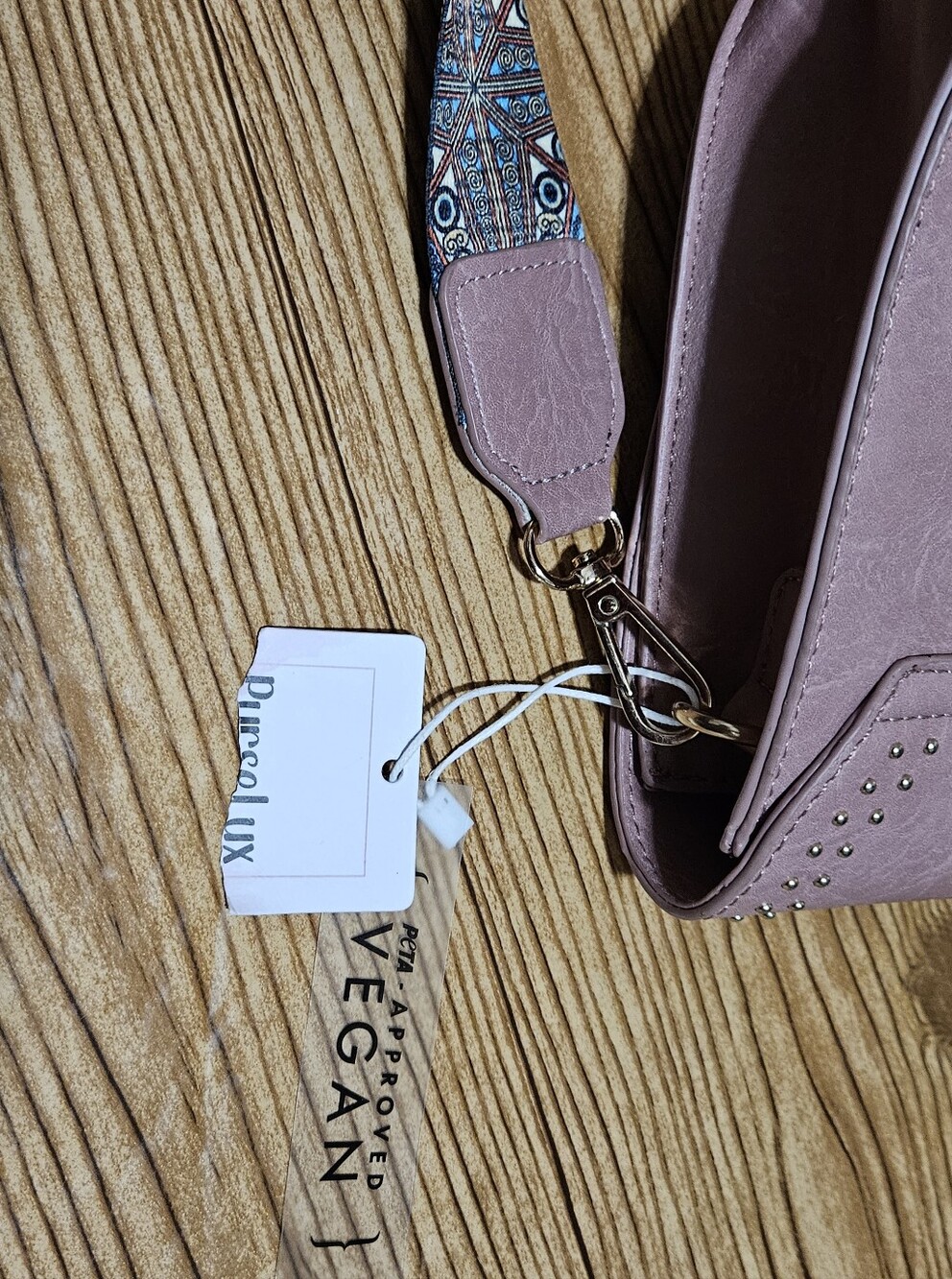 Vegan Leather Purse Crossbody Strap Pink Gold Grommet - Picture 8 of 11